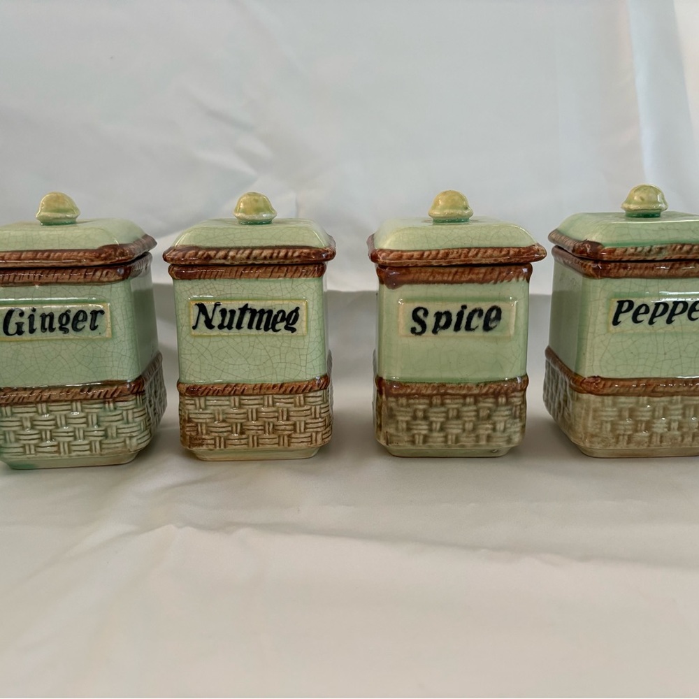 Vintage Japanese Green Ceramic Spice Canister Set - 4 Piece
